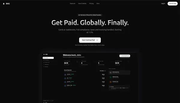 Bags - pay-per-call APIs for AI agents project screenshot showing the application interface and features